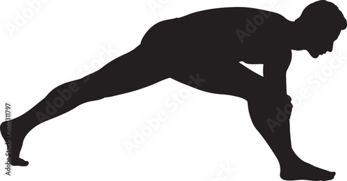 Male silhouette in a yoga lunge pose, demonstrating strength, flexibility, and a deep stretch on a solid white background