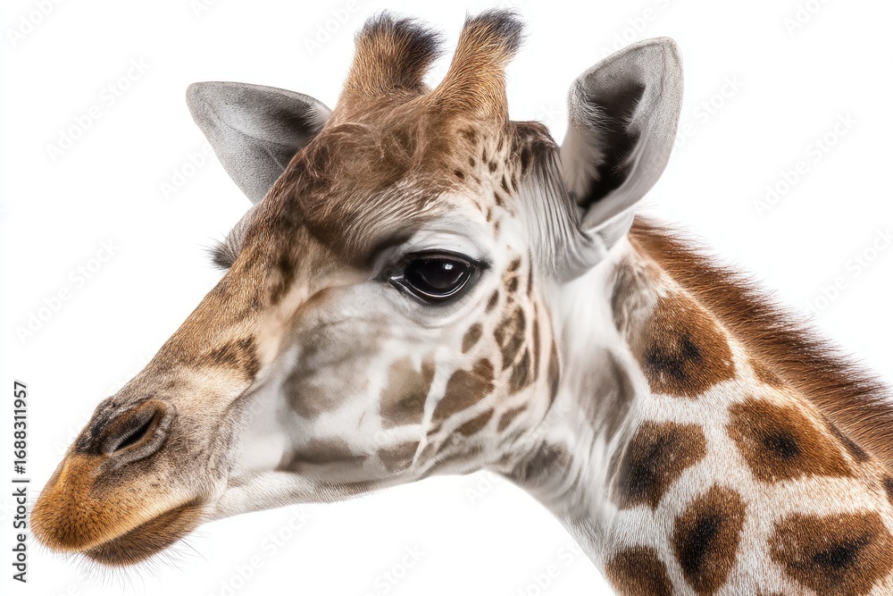 Fototapeta premium Close-up of a giraffe's head and neck against white