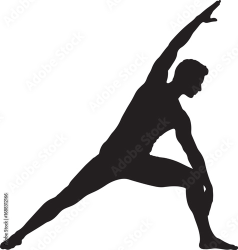 Silhouette of a man in an extended side angle yoga pose, showcasing physical fitness, stretching, and strength