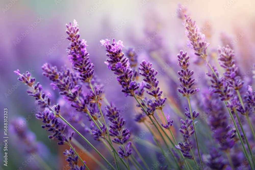 Fototapeta premium Close-up of vibrant purple lavender blossoms in soft sunlight
