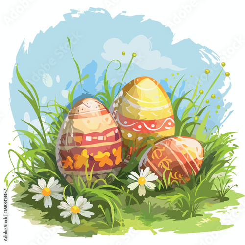 easter, egg, basket, holiday, spring, eggs, decoration, celebration, food, flower, vector, card, grass, season, illustration, gift, colorful, happy, design, color, green, yellow, nature, flowers, symb