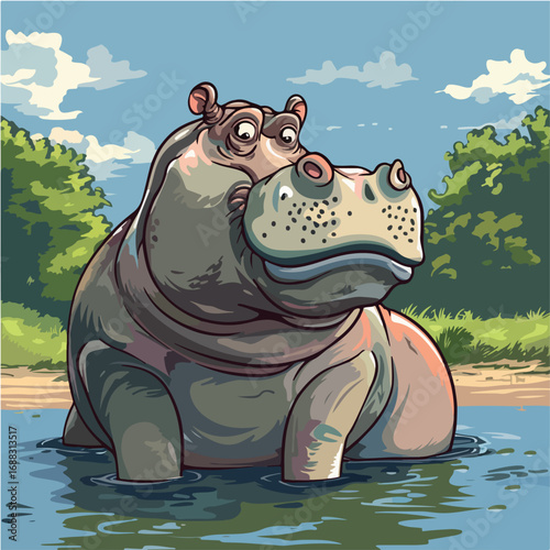 cartoon, animal, vector, illustration, hippo, mammal, hippopotamus, zoo, wild, fun, wildlife, art, safari, cute, character, dog, funny, drawing, baby, nature, comic, rhino, dinosaur, elephant, bear