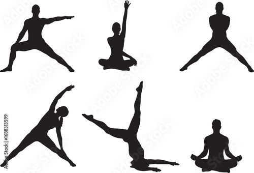 Vector silhouette collection of people doing various yoga and stretching poses, a set of six isolated exercises