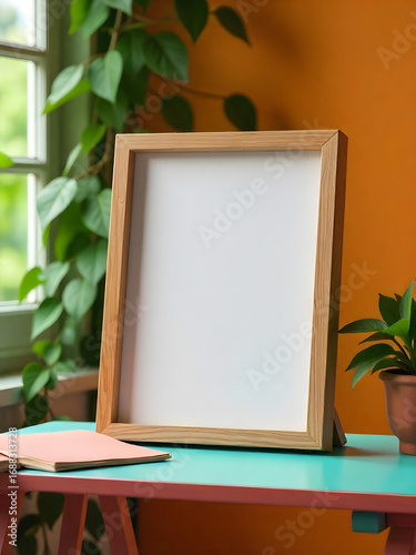 Blank Wooden Picture Frame Mockup on Colorful Desk in Bright Home Office Setting with Green Plants