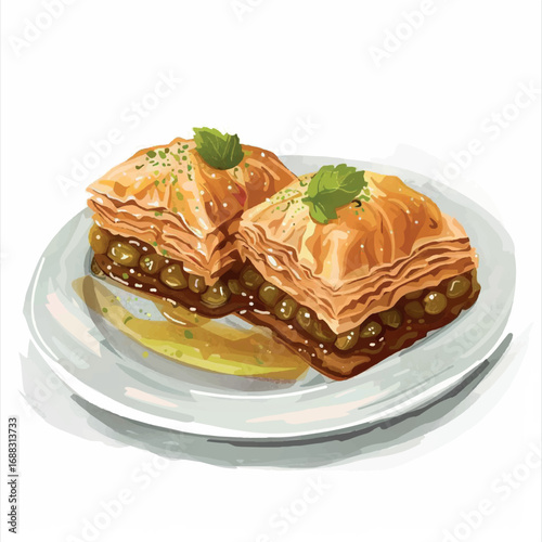 illustration, pastry, baklava, food, vector, traditional, delicious, sweet, dessert, cuisine, tasty, turkish, bakery, gourmet, pistachio, sugar, plate, fresh, restaurant, syrup, ramadan, snack, 
