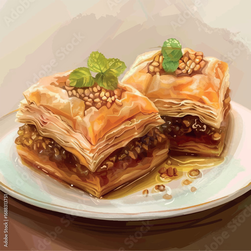 illustration, pastry, baklava, food, vector, traditional, delicious, sweet, dessert, cuisine, tasty, turkish, bakery, gourmet, pistachio, sugar, plate, fresh, restaurant, syrup, ramadan, snack, 