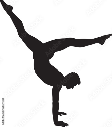  Black vector silhouette of a man balancing on one hand with his legs spread in a handstand pose
