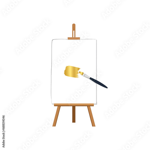 Empty Easel with Golden Paint Stroke on White Canvas in Studio Setting, Simple Drawing, Isolated Against White Background for Artistic Concepts