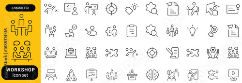 Workshop icon set. Business related line icons teamwork, collaboration, education, coaching, team building, meeting, training, presentation and more. Editable stroke. Vector illustration