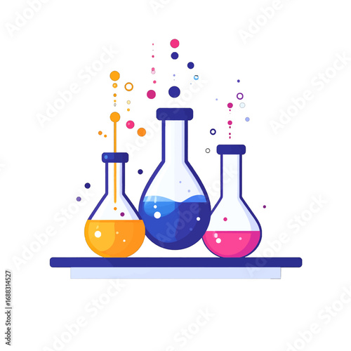 Three Colorful Flasks with Bubbles on a Dark Blue Shelf Science Theme Illustration on White Background Chemical Experiment Design
