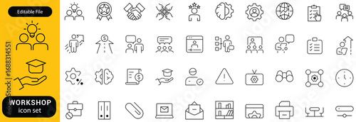 Workshop icon set. Business related line icons teamwork, collaboration, education, coaching, team building, meeting, training, presentation and more. Editable stroke. Vector illustration