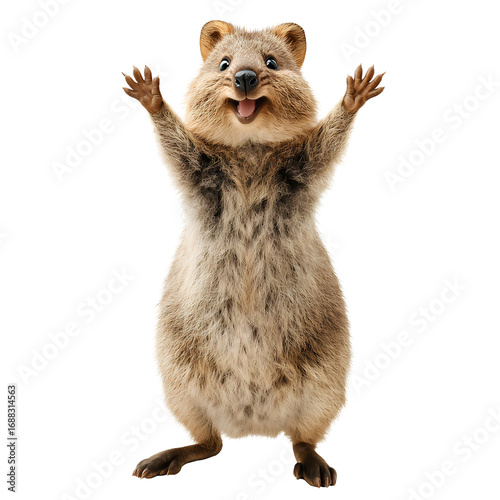 Quokka standing with tiny arms raised, smiling expression, transparent PNG