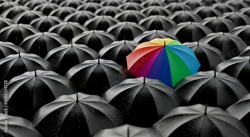 Colorful umbrella stands out among a crowd of black umbrellas