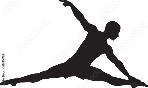 A stylized black silhouette of a person doing a side split with an arm reaching towards the toes, symbolizing flexibility and stretching