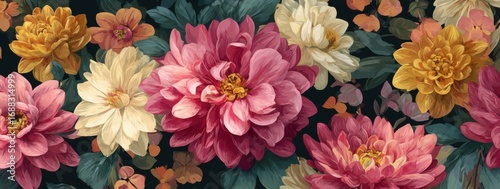 A vibrant floral arrangement of various blooms, showcasing rich tones of pink, yellow, and cream,  set against a dark backdrop. Detailed petals and leaves create a textured, almost painterly effect