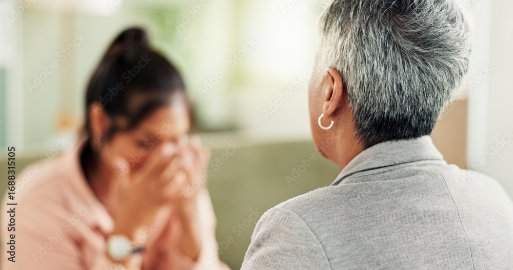 Fototapeta premium Psychologist, women and consultation with mental health, sad and trauma support in office. Back, patient crying and therapist with conversation, advice and help with ptsd, counseling and anxiety