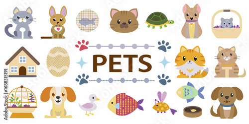 A colorful collection of adorable cartoon pets and related icons on a white background
