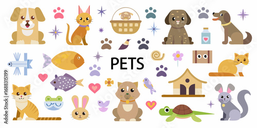 Collection of cute cartoon pets and pet related icons in a flat design style