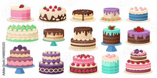 Collection of various colorful and decorative cakes with frosting and fruit toppings