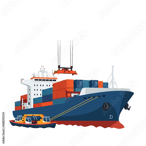 Pixel Art of Large Container Ship Being Loaded with Cargo and Small Tugboat alongside Isolated on White Background