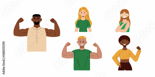 Diverse group of people flexing their muscles and smiling representing strength and confidence
