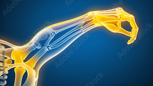 Detailed elbow X-ray, pain region highlighted in vivid yellow, glowing overlay effect on pain area, clear bone details, soft shadow gradients, contrasting blue tint on unaffected bones,