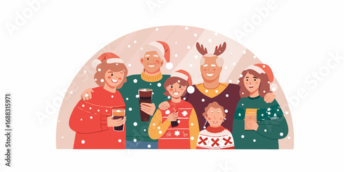 Happy multi generational family wearing festive christmas sweaters and santa hats celebrating together in the snow