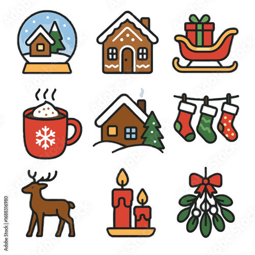 Icons eve globe christmas hanging scene snow icon vector presents cocoa reindeer