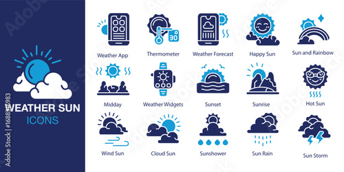 Weather Sun icon set. Containing weather, sun, light, sunny, summer, and more. Solid vector icons collection. Vector illustration.