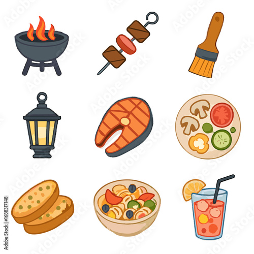 Backyard brush salmon skewer glass oil grilled vector icons pasta bbq icon