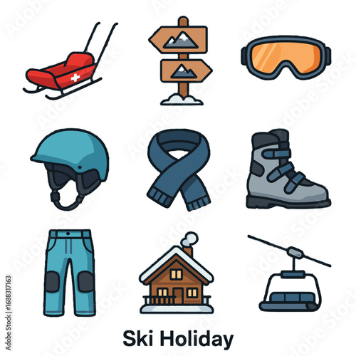 Icon ski patrol vector holiday helmet goggles icons building insulated cable signpost