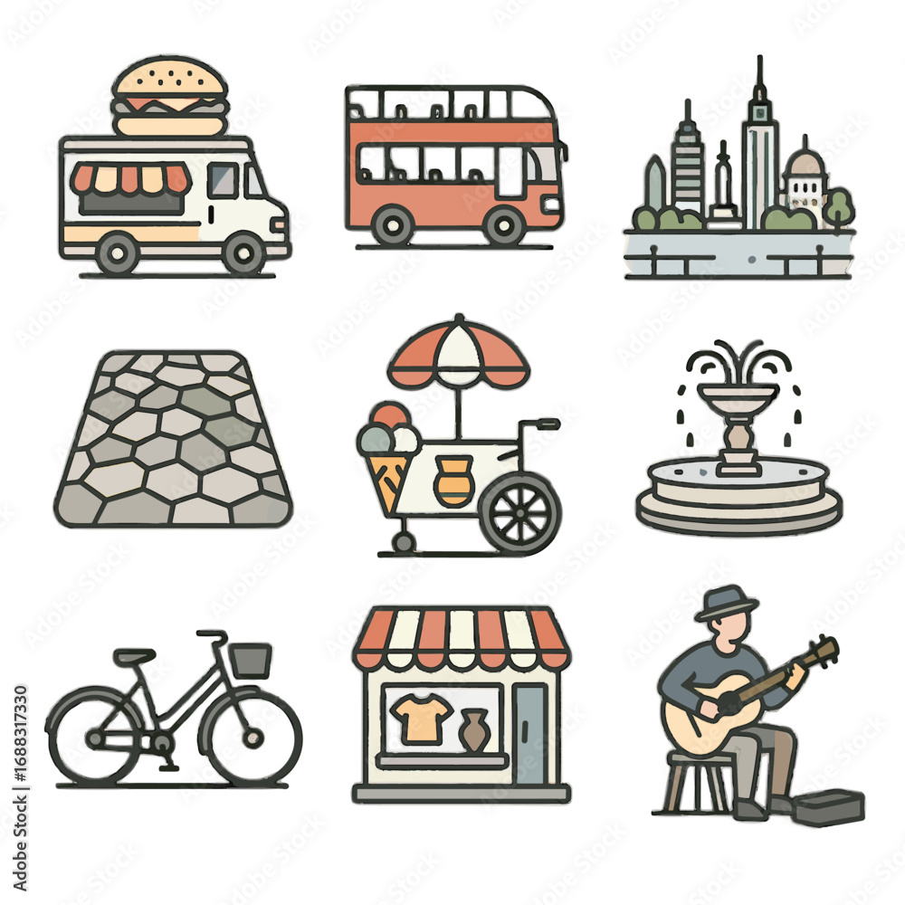 Naklejka premium View ice fountain set cream city cart cobblestone vector icon bicycle bus