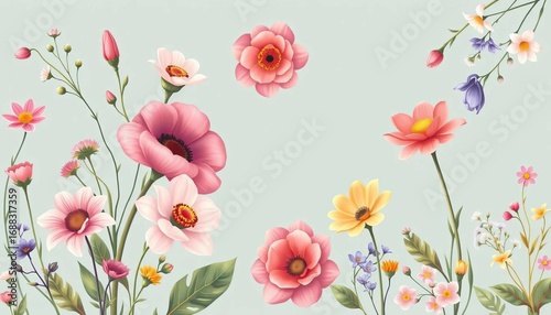 Elegant spring template featuring vibrant floral vector illustrations, perfect for invitations or stationery, card, leaves