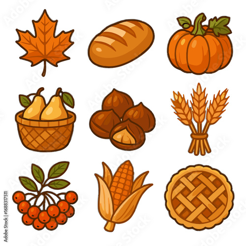Icon vectors autumn vector harvest roasted chestnuts corn dried loaf pie pears