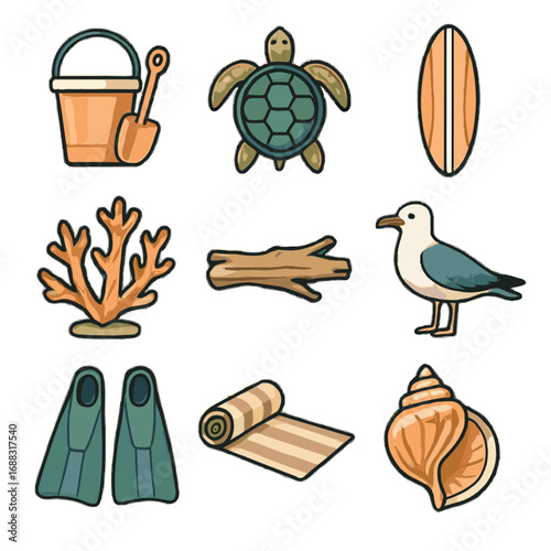 Holiday mat coral surf beach seagull vector shell tropical sea icon icons