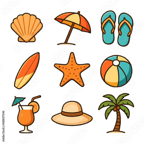 Tropical beach umbrella icons surfboard ball tree vector sun icon drink holiday