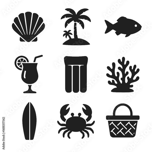 Vector basket holiday icons silhouette icon inflatable mattress shell cocktail beach coral