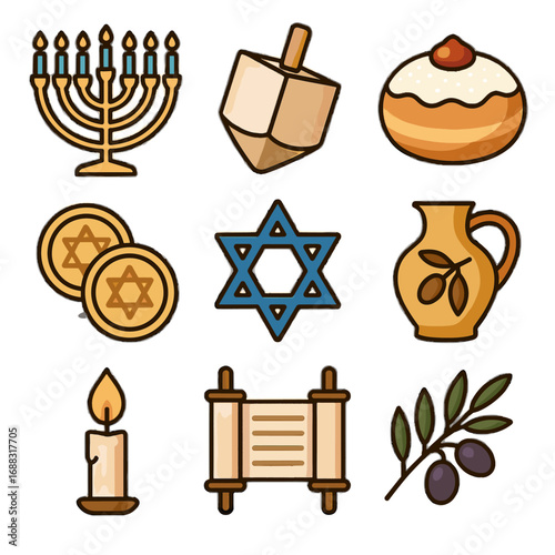 Oil star david icon coins icons vector menorah dreidel scroll sufganiyah grid
