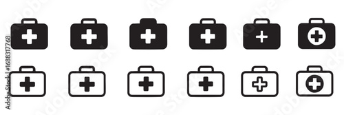 First aid box icon set. Medical briefcase sign. First aid kit bag vector icon. medicine bag icon.