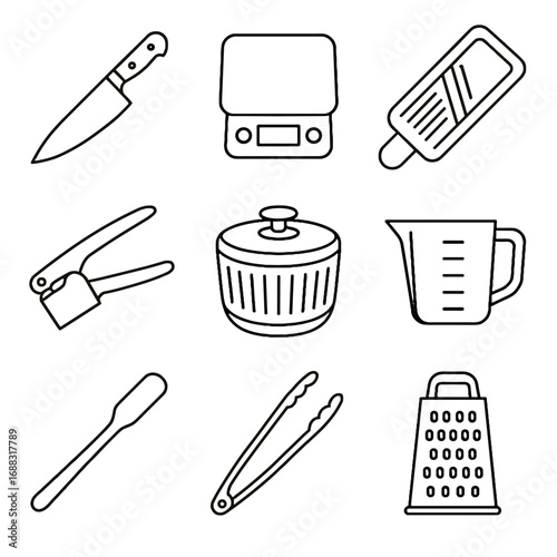 Spinner knife tongs essential measuring mandoline spatula tools grater vector kitchen icon