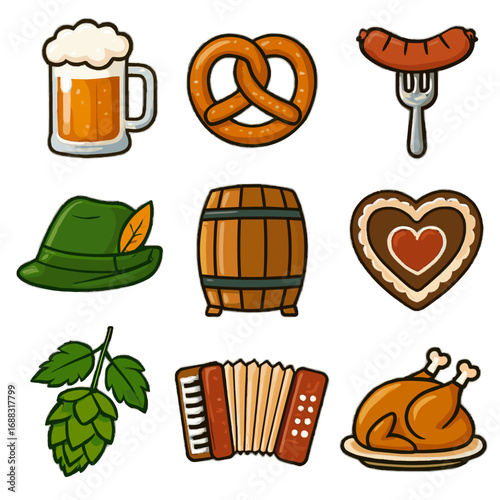 Barrel icon oktoberfest hat beer roast grid heart pretzel fork icons mug