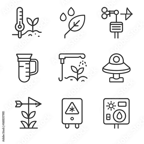 Vector agricultural meter alarm portable frost solar icons crops weather evapotranspiration icon
