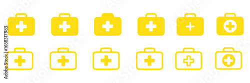 First aid box icon set. Medical briefcase sign. First aid kit bag vector icon. medicine bag icon.