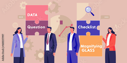 Business people assembling puzzle pieces representing data question checklist and magnifying glass analysis