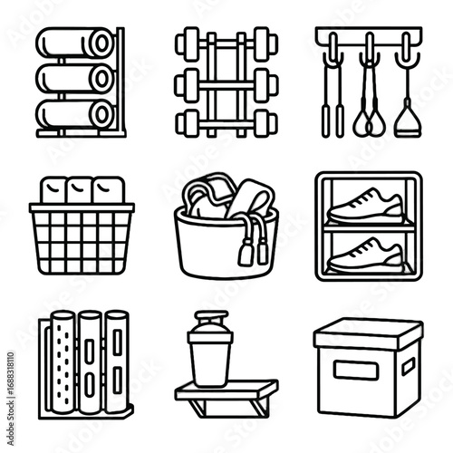Cubby vector hooks bottle resistance shelf fitness dumbbell icons organized icon holder