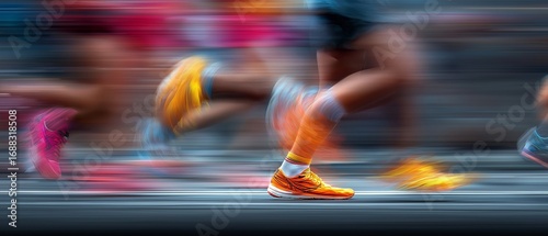 Runners' legs blurred during a city marathon.