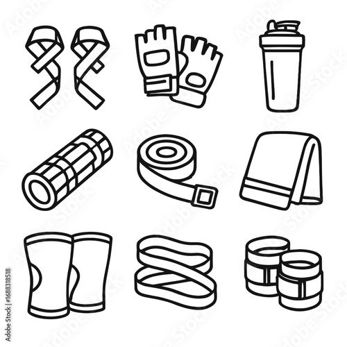 Weightlifting bottle gym straps icons vector shaker loops yoga icon towel roller