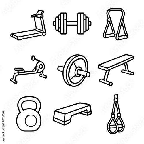 Rowing step collapsible compact dumbbells roller treadmill vector fitness kettlebell icon machine