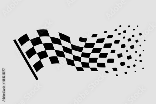 Waving checkered flag vector for an f1 car race, disintegrating into pixels to symbolize speed and a digital finish concept