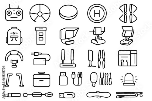 Battery storage accessories drone icons light icon reader memory landing vector pad